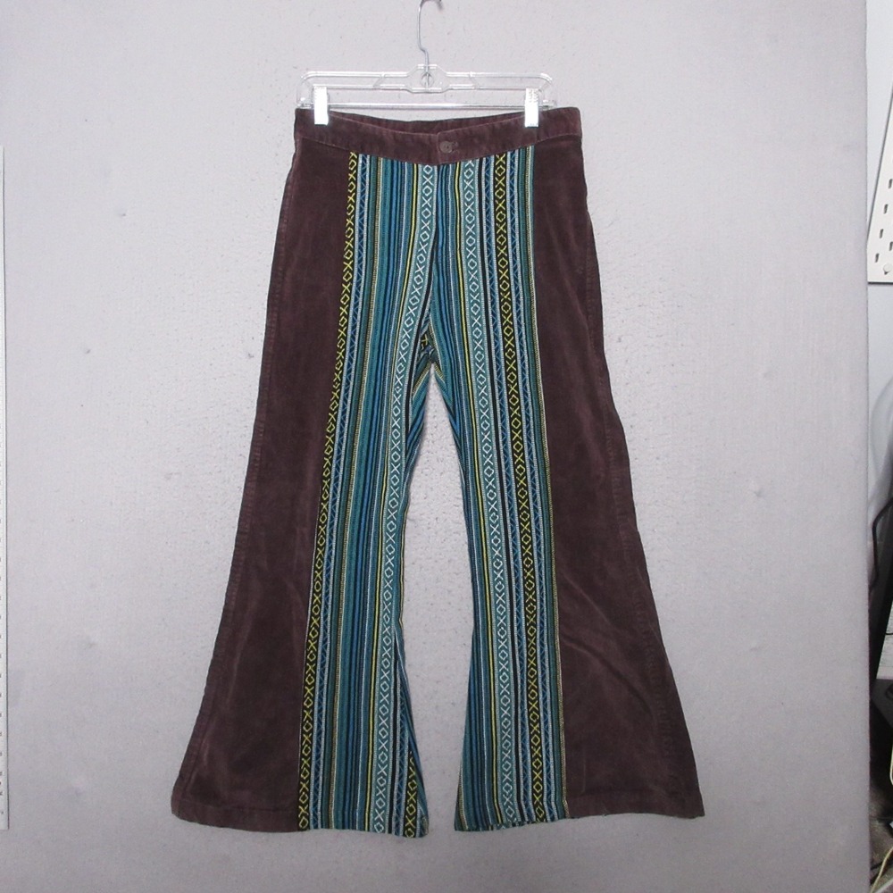Gypsy Rose Pants Medium Corduroy‎ Flare Brown Stripe Hippie Boho Embroidered